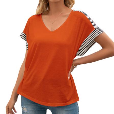 Dam T-shirt Sommar V-hals Rand Kort Ärm Casual Lös