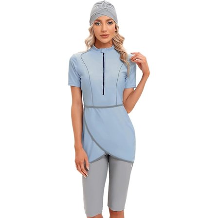 Kvinde Muslimsk Badetøj Islamisk Muslimer Badedragt Kortærmet Lynlås Foran Top Shorts Bukser Hijab 3pcs Badetøj S-4xl Xinmu -a