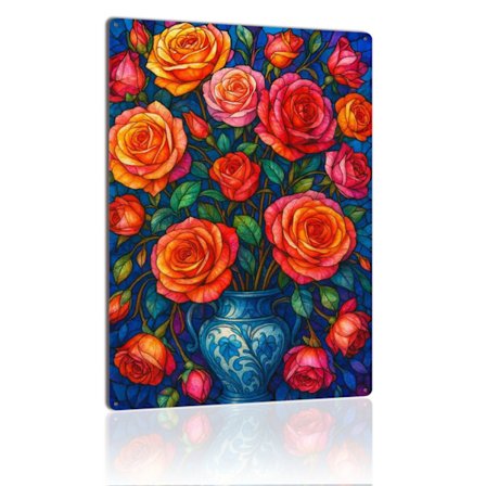 Rose Vase Metalskilt Glasmaleri Blomsterbuket Kunst Vintage Metalskilt Plade Til Farverig Vintage Boligindretning