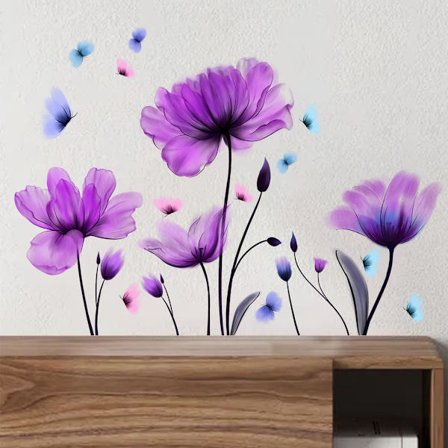 Wall Decals Purple Flower Wall Stickers for Bedroom Butterflies Tulip Wall Decals Removable Self Adhesive Wall Decals