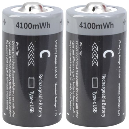 2 kpl Ladattavia C-paristoja USB C -latauksella, 2 tunnin pikalataus, 1000 latauskertaa litiumparistoilla ja ylilataussuojilla