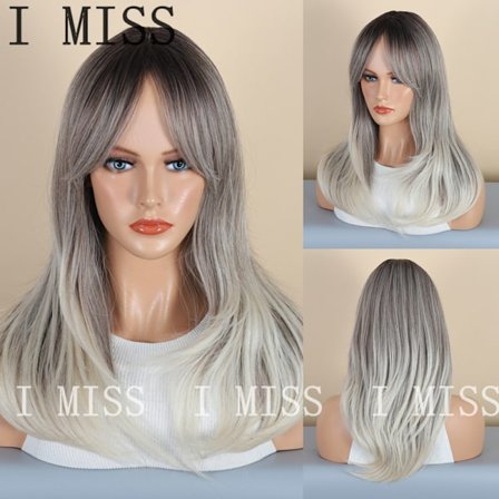 Naturlig syntetisk peruk med svart gradient och åttatalsluggen