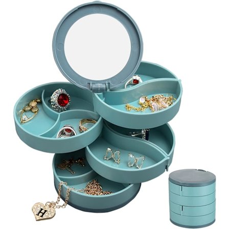 Smykkeskrin, 4-lags 360 graders roterende øredobbeoppbevaring med speil, reise smykkeskrin smykkeoppbevaringsetui