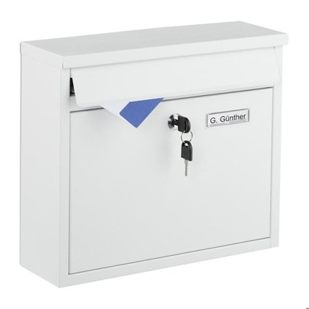 Relaxdays postlåda, namnskylt, i järn, med 4 nycklar, H x B x D: 31 x 36 x 12 cm, vit