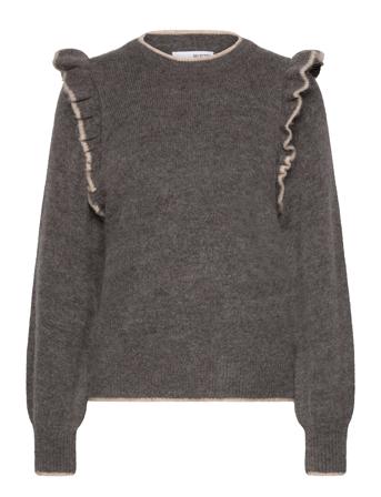 Slfalva Frills Ls Knit O-Neck Grey Selected Femme
