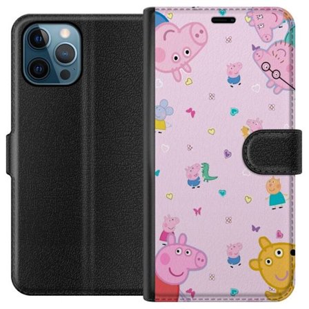 Kompatibelt Lommeboketui til Apple iPhone 12 Pro Peppa Gris med en baby i armene, mamma gris motiv i fargerik og myk barneillustrasjon med hjerter