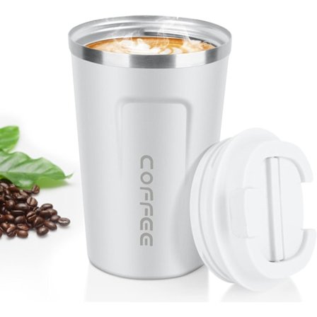 Kaffekopp, 380 ml vakuum återanvändbar läckagesäker dubbelväggig kaffekopp, isolering rostfritt stål miljövänlig mugg (vit)