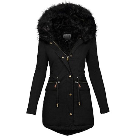 Dame Vinterjakker, Varm Sherpafôret Jakke Middels Lengde Tykk Parkas Frakk Fortykket Vindtett Yttertøy Med Pelskant