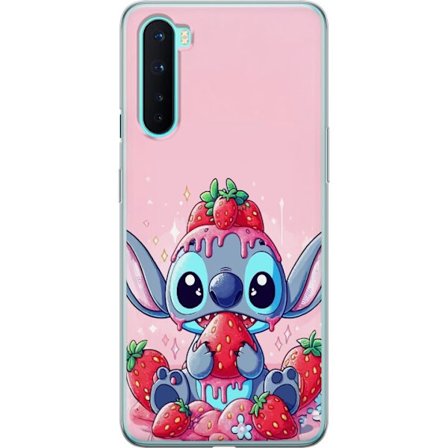 Kompatibel Mobilcover til OnePlus Nord Stitch Strawberry Love sødt motiv med blå figur, der spiser jordbær i pastelstil