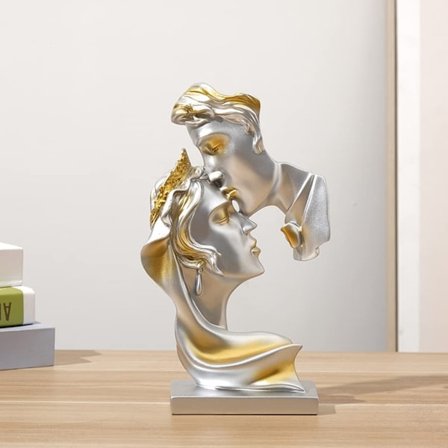 Harpiks Guld Statue Kysse Elsker Skulptur Skrivebord Moderne Kunst Figur Bord Dekoration Velegnet til Hjem Kontor Stue Sølv