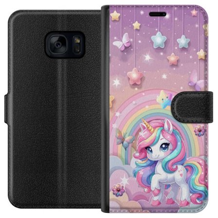 Kompatibelt Lommeboketui til Samsung Galaxy S7 Magisk enhjørning med regnbue manke, stjerner og sommerfugler mot en pastellhimmel med skyer