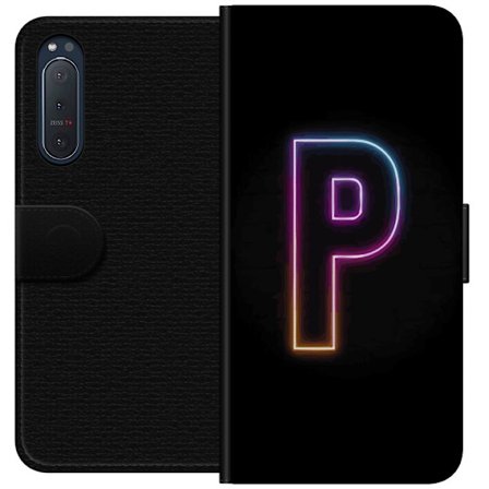 Yhteensopiva Lompakkokotelo Sony Sony Xperia 5 II Minimaalinen neonkirjain P värin asteittaisella muutoksella ja valotehosteella mustaa taustaa vaste