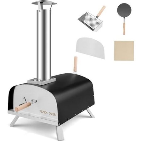 COSTWAY Pizzaovn med Træ/Pulveriseret Kul, Pizzasten, Spade, Funktionsskærm, Sammenklappelige Ben, Aftagelig Kamin Udvendig