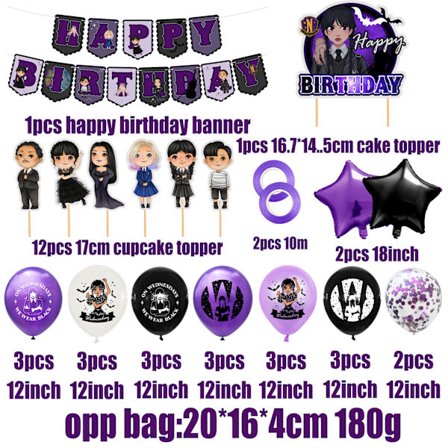 Wednesday Juhlakoristesetti | Ilmapallobannerisetti Halloween Syntymäpäivä Adams Family Teema **täysi setti