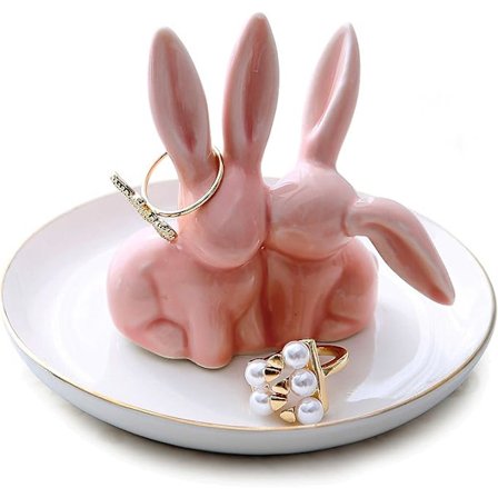 Suloinen pupu sormusteline korutorni keraaminen lautanen korujen esittelyteline pikkuesinetarjotin, ihana kani