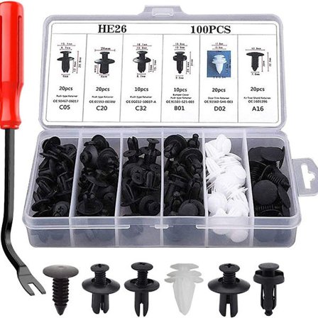 Förpackning med 100 nitar i plast, universella plastskärmklämmor, bilstötfångarklämmor