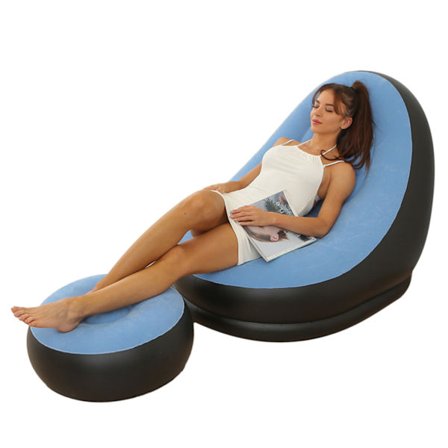 Ilmatäytteinen tuoli, taitettava, flokkaava PVC, mukava jalkarahilla, puhallettava lepotuoli ulkoilmaan, retkeilyyn, matkustamiseen, vaaleansininen