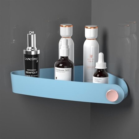 Hjørnehylde til badeværelse, brusehylde til opbevaring i badeværelset, brusearrangør med klæbemidler til badeværelse og køkken, lyseblå