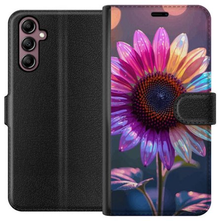 Kompatibelt Lommeboketui til Samsung Galaxy A14 5G Irideserende blomst med glitrende kronblad i rosa lilla og gull mot myk bokeh bakgrunn