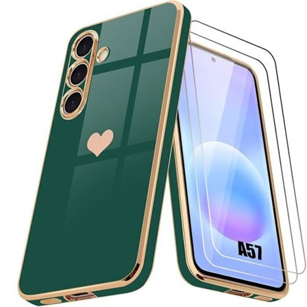 Silikone Cover - BOOLING - til Samsung Galaxy A57 5G - Hjerte Mønster - Nat Grøn - 2 Tempererede Glas
