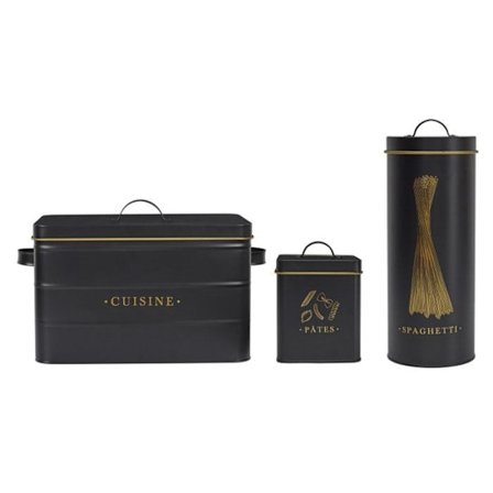 Sæt med 3 Metalbokse - Køkken + Spaghetti + Pasta - Sort og Guld - Opbevaringsbokse til Køkken