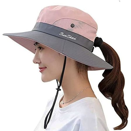 Kvindernes udendørs UV-beskyttelse-foldbare solhatte mesh bredskygget strand fiskeri hat med hestehale-hul(pink