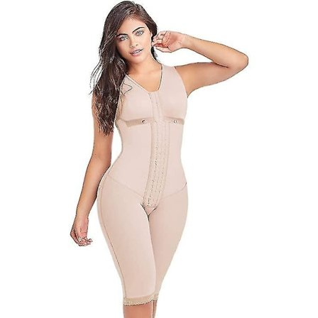 Fajas Colombianas Postkirurgisk kompressionslång body med hake och stöd Spanx Shapewear lårformare beige L