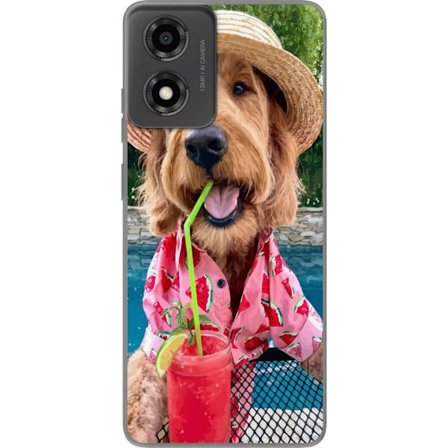 Kompatibelt Mobilskal till Motorola Motorola Moto E14 Sommarhund dryck motiv med glad hund i hatt och rosa skjorta som dricker en smoothie vid poolen