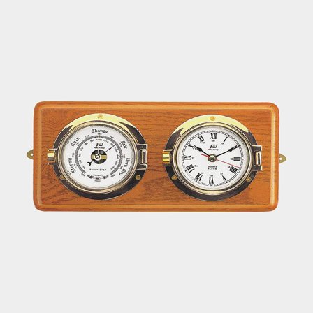 Barometro e orologio di bordo Plastimo Porthole 4", Ø88/130 mm, ottone placcato oro, montato su piastra di legno 32.5 x 15 cm