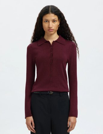 Selected Slflura Ls Slim Knit Collar Neck - Burgundy - XL