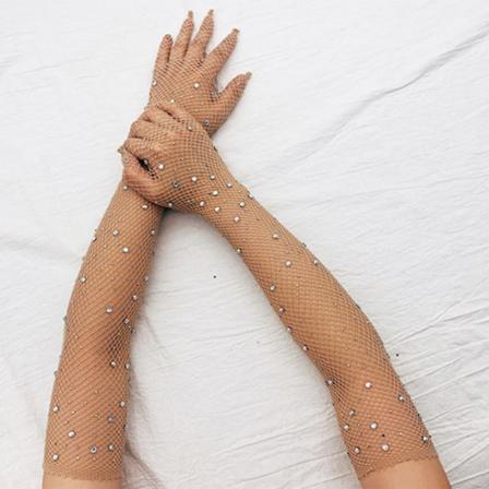 Sort Hvid Rød Lange Mesh Handsker Med Rhinestones Hollow Fishin Champagne