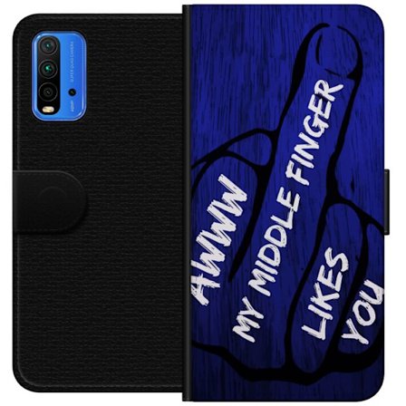 Yhteensopiva Lompakkokotelo Xiaomi Redmi Note 9 4G Tumman typografinen illustraatio sydänmuodolla ja viesti ystävyydestä syvää sinistä puupintaa