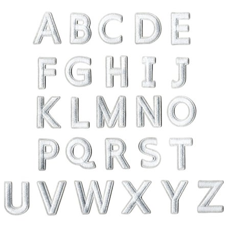 Broderet mærkesæt: DTY broderede dekorative stofmærker - hvide bogstaver, 26-delt sæt