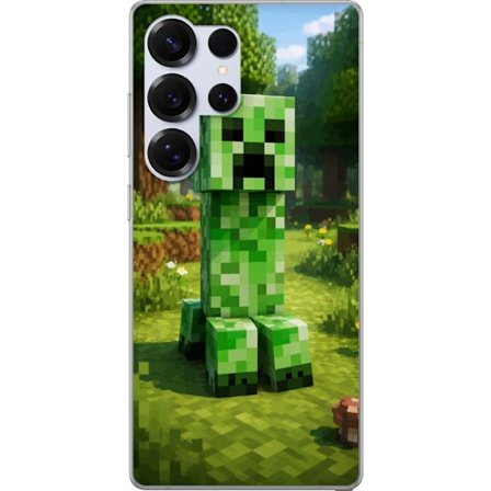 Kompatibelt Mobilskal till Samsung Galaxy S25 Ultra Block-baserad Creeper-figur i en grön pixell värld, ikonisk spelillustration för barnrum, gamer