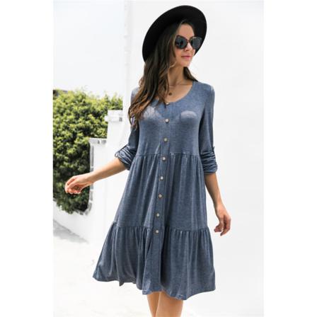 Enfärgad Casual Klänning Kvinnor Våren Långärmad O-ringad Knapp