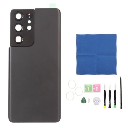 Baggrundsglasdæksel udskiftning med forudinstalleret kameralinse og tape dele udskiftning til Galaxy S21 Ultra Sort
