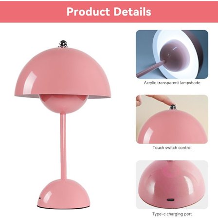Blomkruka Sladdlös Dimbar Svamp LED Bordslampa med 3 Ljusstyrkelägen, Touch-dimbar, Retro Svamp Skrivbordslampa kompatibel Sovrum