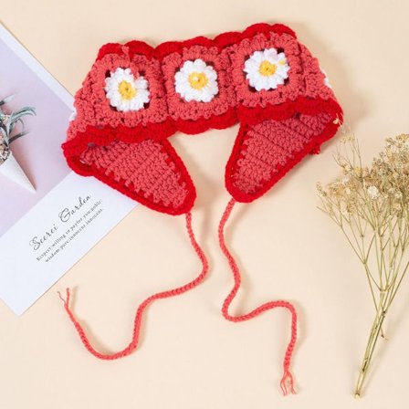 Heklet blomsterhodebånd Skjerf Strikket hårbånd RØDT