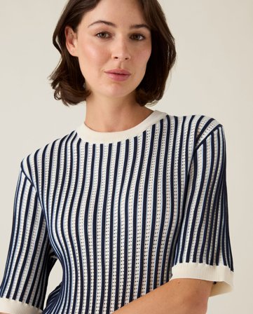 Lexington Multi stribet kortærmet strikket sweater, mørkeblå/hvid