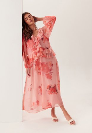 BUBBLEROOM - Frill Chiffon Dress - Pink/Floral