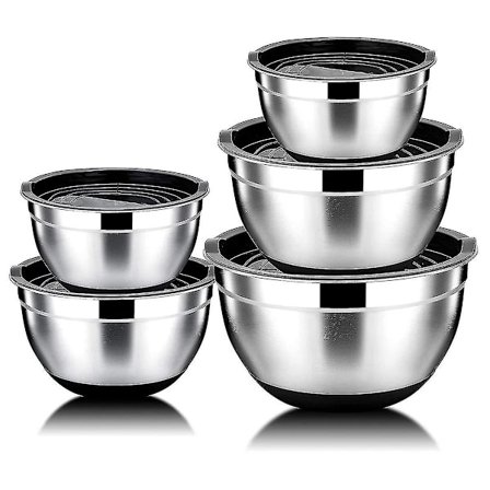 5 kpl sekoituskulho, ruostumattomasta teräksestä valmistettu salaattikulho ilmatiiviillä kannella ja liukumattomalla pohjalla, tarjoilukulho keittiöön