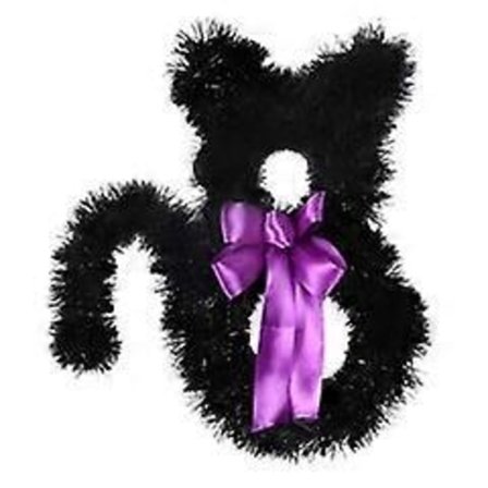 Pieni kokoinen kissan muotoinen kranssi Halloween-koriste PET rottinki ympyrä ovi seinälle ripustettava koriste - Musta