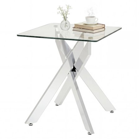 Neliönmuotoinen lasinen sivupöytä metallirungolla, hopea