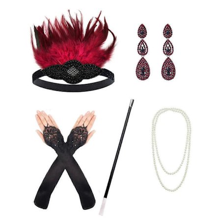Stort prisfall 1920-talls tilbehørssett, Gatsby-tilbehør for kvinner med pannebånd, svarte hansker, halskjede, øredobber, sammenleggbar vifte i blonde