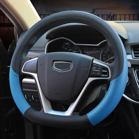 Bilstyling ratbeskyttelse D-form PU-læder Flad bund Ratovertræk Anti-skrid Åndbar Sportsstil 38cm Biltilbehør til kvinder mænd Blue—yux