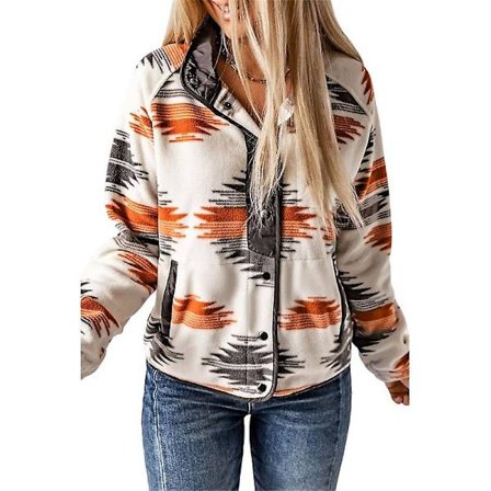 Womens Fleece Jacket Western Aztec Print Long Sleeve Snap Button Down Shacket Jackets