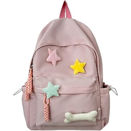Rygsæk til piger, skoletaske, sød og smuk campusrygsæk, nylon, ensfarvet rygsæk, kawaii stjerne, afslappet rygsæk, pink