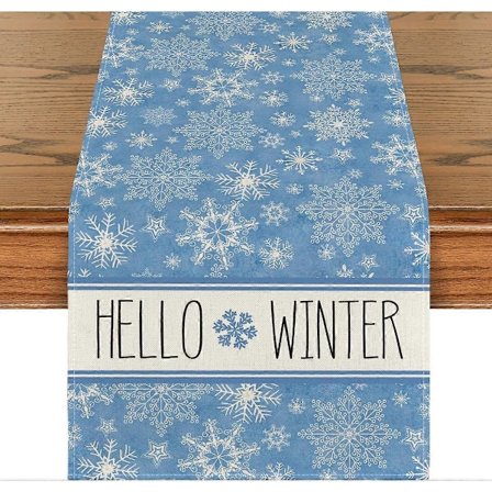 Blå Julebordløper med Hello Winter Snøfnugg, Kjøkken Spisebord Dekorasjoner, Sesongbasert Julehøytid for Festdekor, 33x183 cm (LGL)