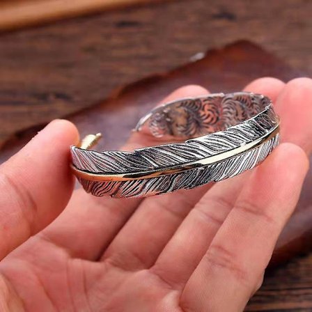 Dame og Herre Retro Vintage 925 Sterling Fjær Mansjett Armbånd Fjær Armbånd Herre Armbånd