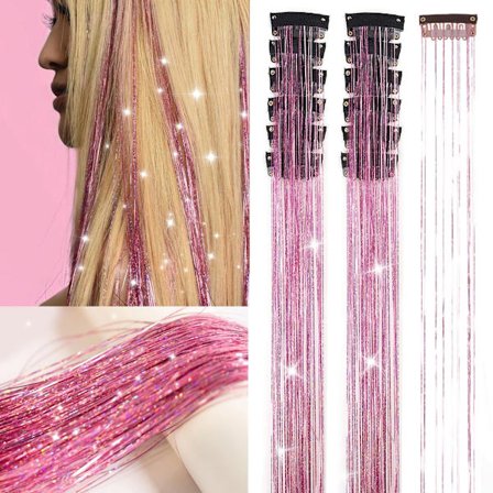 Glitter Hårforlængelser Hårtilbehør 12-delt sæt med clips 52 cm pink til kvinder piger og børn